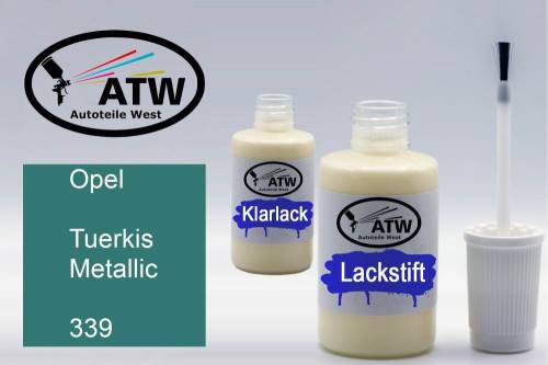 Opel, Tuerkis Metallic, 339: 20ml Lackstift + 20ml Klarlack - Set, von ATW Autoteile West.